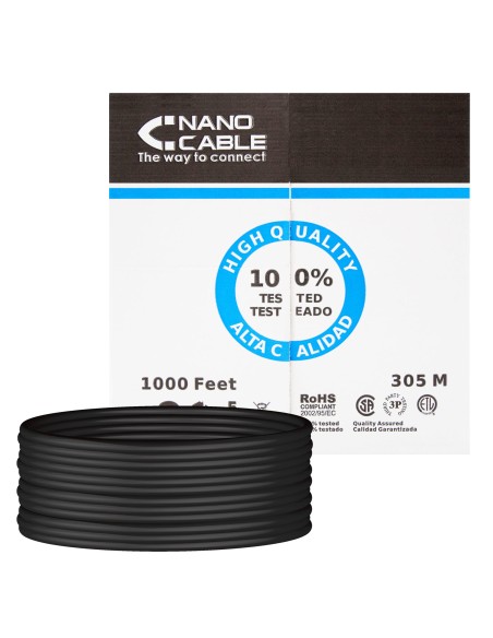 Nanocable Bobina De Cable De Red Rigido Impermeable Para Exterior Rj45 Cat.5e Utp Awg24 305m - Negro